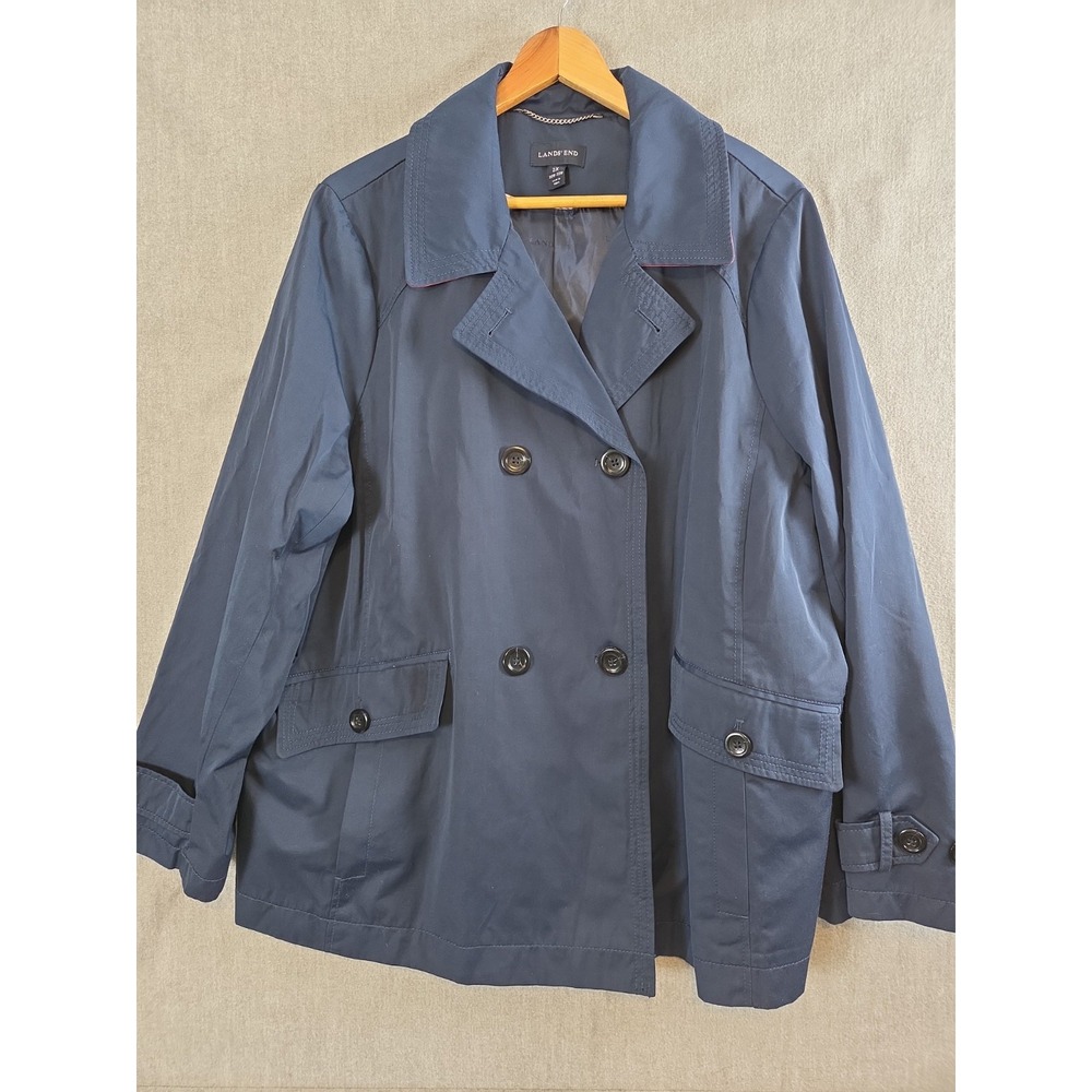Lands End 2X 20-22 double breasted short Rain Jacket Short Trench Coat pockets - Picture 2 of 9
